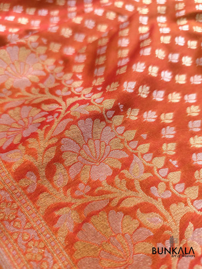 Vibrant Pink & Orange Shaded Floral Border Sona Rupa Buti Weaved Banarasi Silk Saree