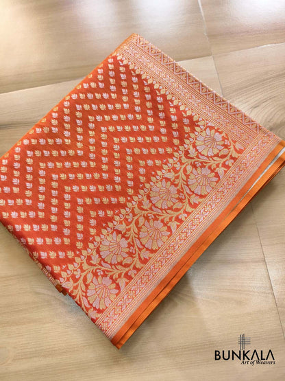 Vibrant Pink & Orange Shaded Floral Border Sona Rupa Buti Weaved Banarasi Silk Saree