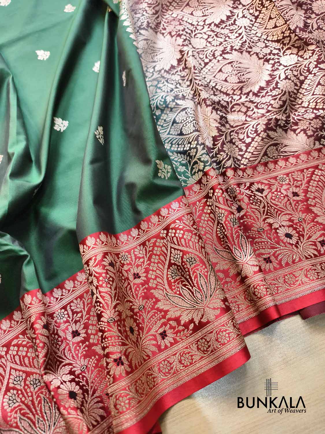 Bottle Green Contrast Red Meena Border Weaved Banarasi Silk Saree