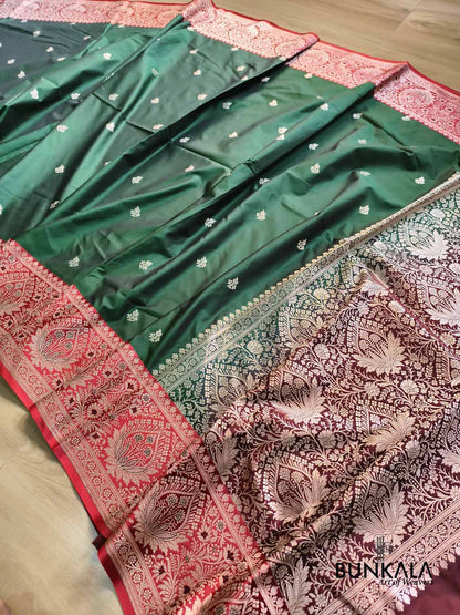 Bottle Green Contrast Red Meena Border Weaved Banarasi Silk Saree