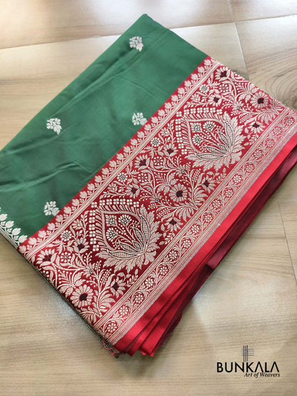 Bottle Green Contrast Red Meena Border Weaved Banarasi Silk Saree