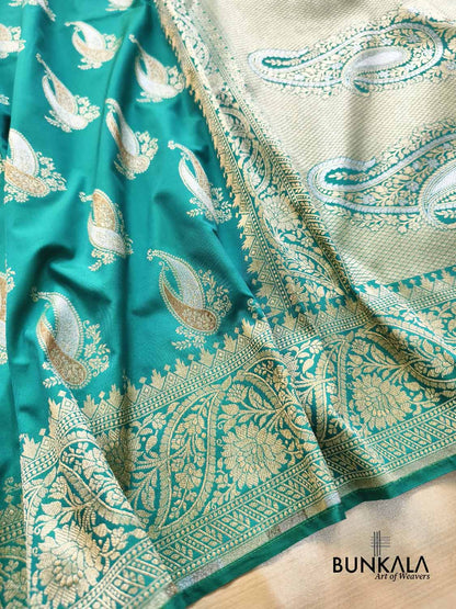 Bluish Green Paisley Sona Rupa Buta Weaved Banarasi Silk Saree