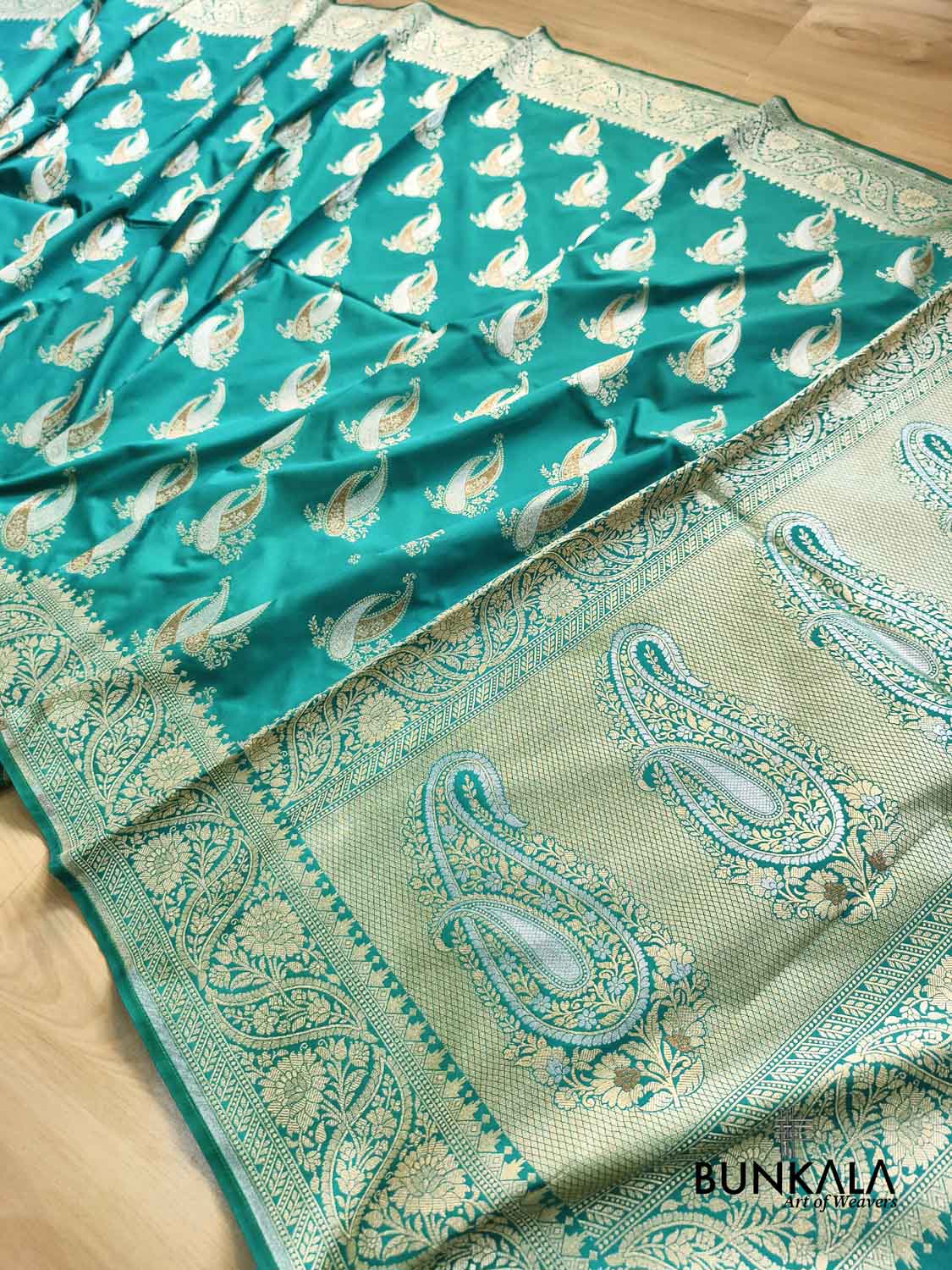 Bluish Green Paisley Sona Rupa Buta Weaved Banarasi Silk Saree
