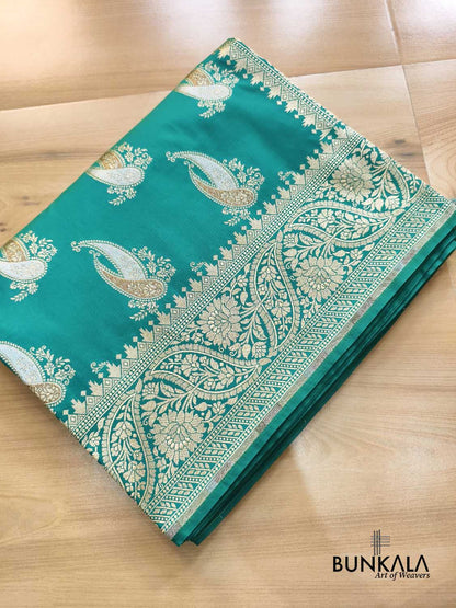 Bluish Green Paisley Sona Rupa Buta Weaved Banarasi Silk Saree