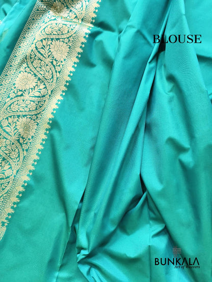 Bluish Green Paisley Sona Rupa Buta Weaved Banarasi Silk Saree