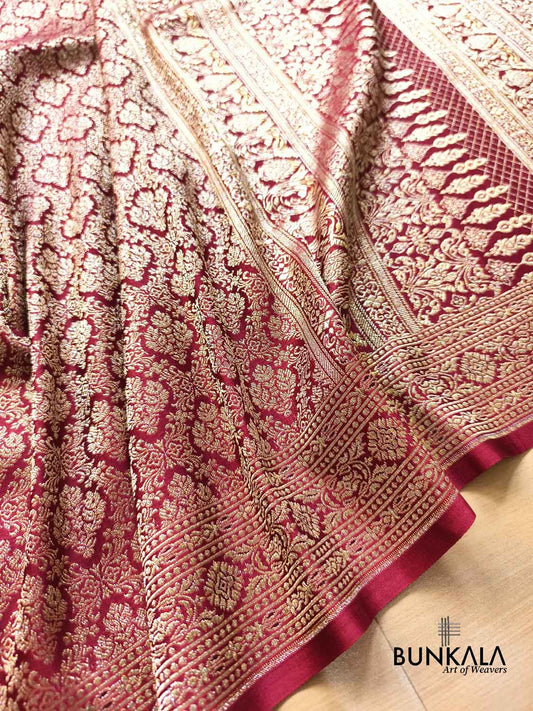 Bridal Maroon Vintage Brocade Weaved Banarasi Mashru Silk Saree