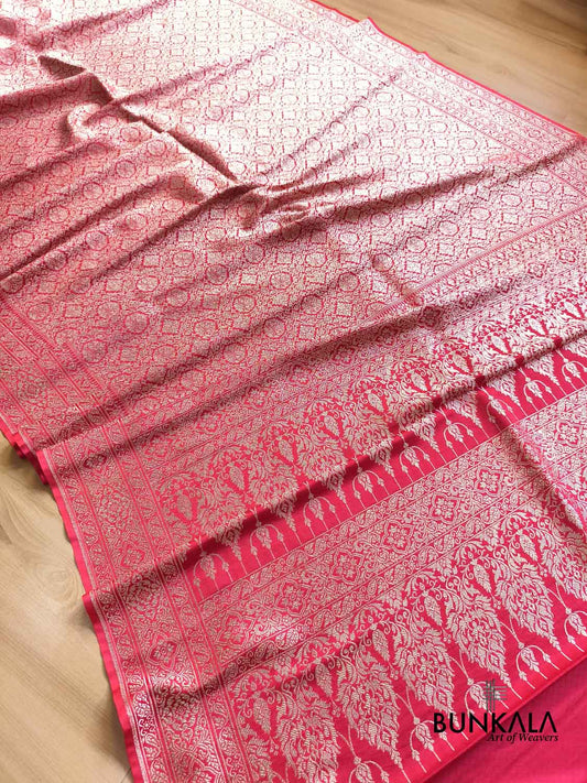 Strawberry Pink Brocade Weaved Banarasi Mashru Silk Saree