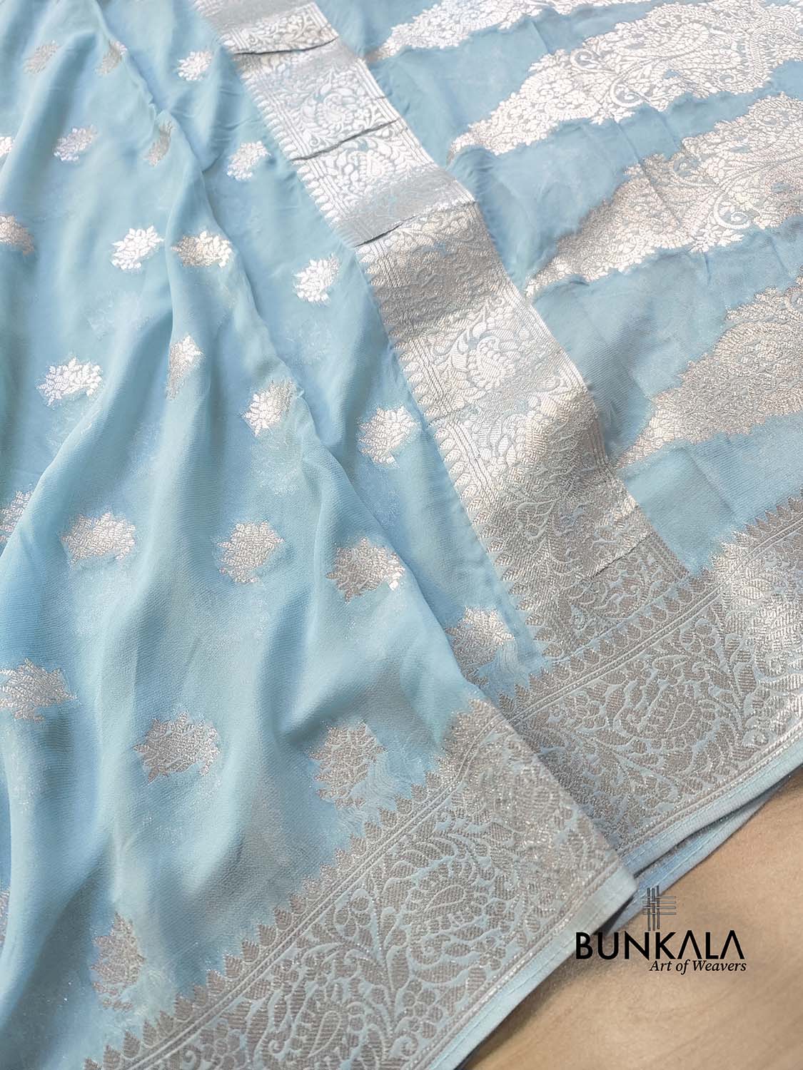 Sky Blue Georgette Silver Zari Weaved Allover Small Buti Banarasi Saree with Brocade Blouse
