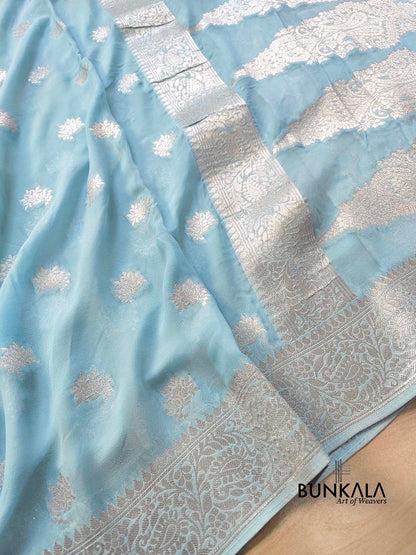 Sky Blue Georgette Silver Zari Weaved Allover Small Buti Banarasi Saree with Brocade Blouse