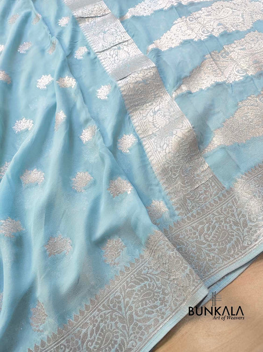 Sky Blue Georgette Silver Zari Weaved Allover Small Buti Banarasi Saree with Brocade Blouse