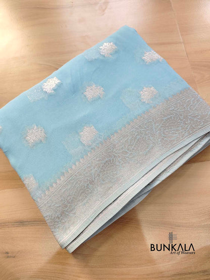 Sky Blue Georgette Silver Zari Weaved Allover Small Buti Banarasi Saree with Brocade Blouse