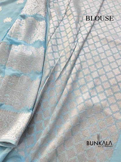 Sky Blue Georgette Silver Zari Weaved Allover Small Buti Banarasi Saree with Brocade Blouse
