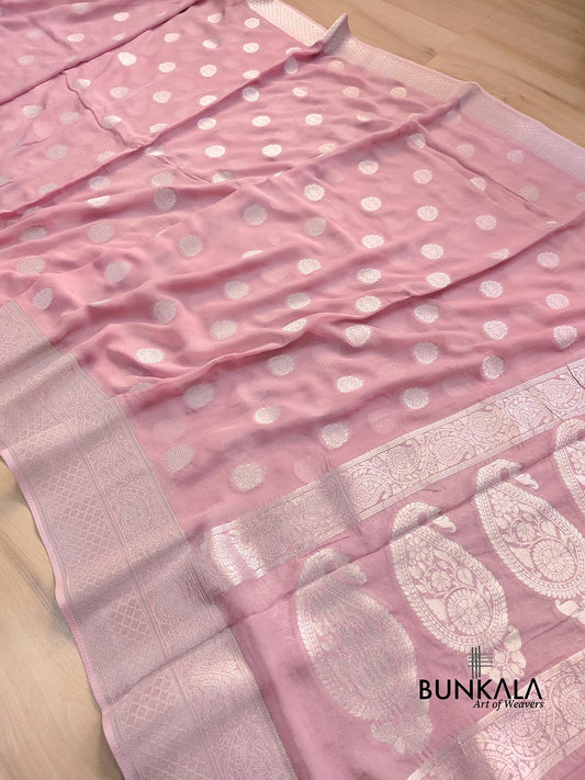 Baby Pink Georgette Silver Zari Weaved Allover Small Buti Banarasi Saree with Brocade Blouse
