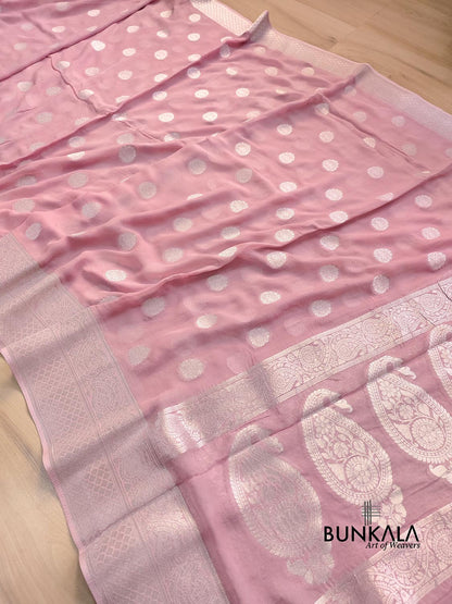 Baby Pink Georgette Silver Zari Weaved Allover Small Buti Banarasi Saree with Brocade Blouse