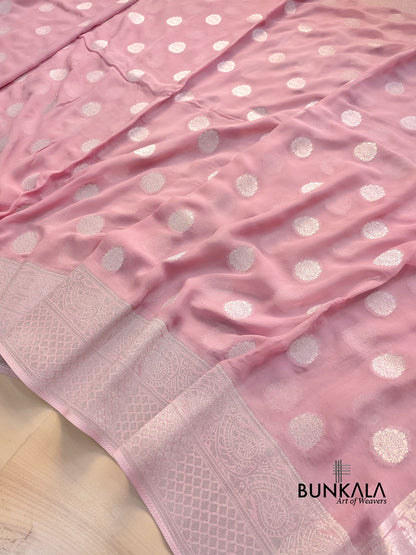 Baby Pink Georgette Silver Zari Weaved Allover Small Buti Banarasi Saree with Brocade Blouse