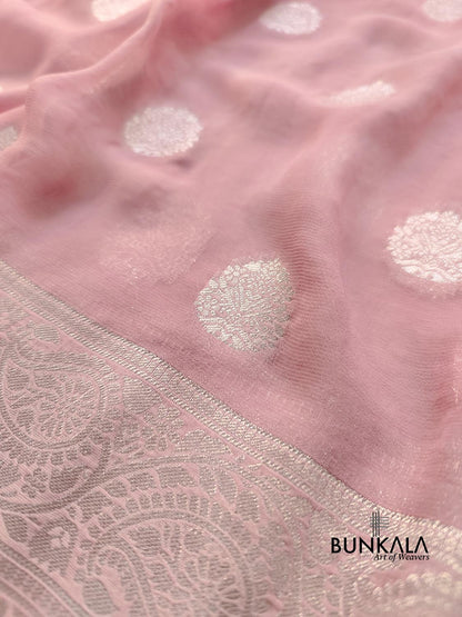 Baby Pink Georgette Silver Zari Weaved Allover Small Buti Banarasi Saree with Brocade Blouse