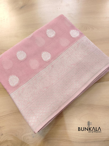 Baby Pink Georgette Silver Zari Weaved Allover Small Buti Banarasi Saree with Brocade Blouse