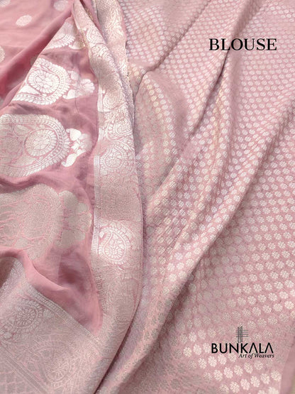 Baby Pink Georgette Silver Zari Weaved Allover Small Buti Banarasi Saree with Brocade Blouse