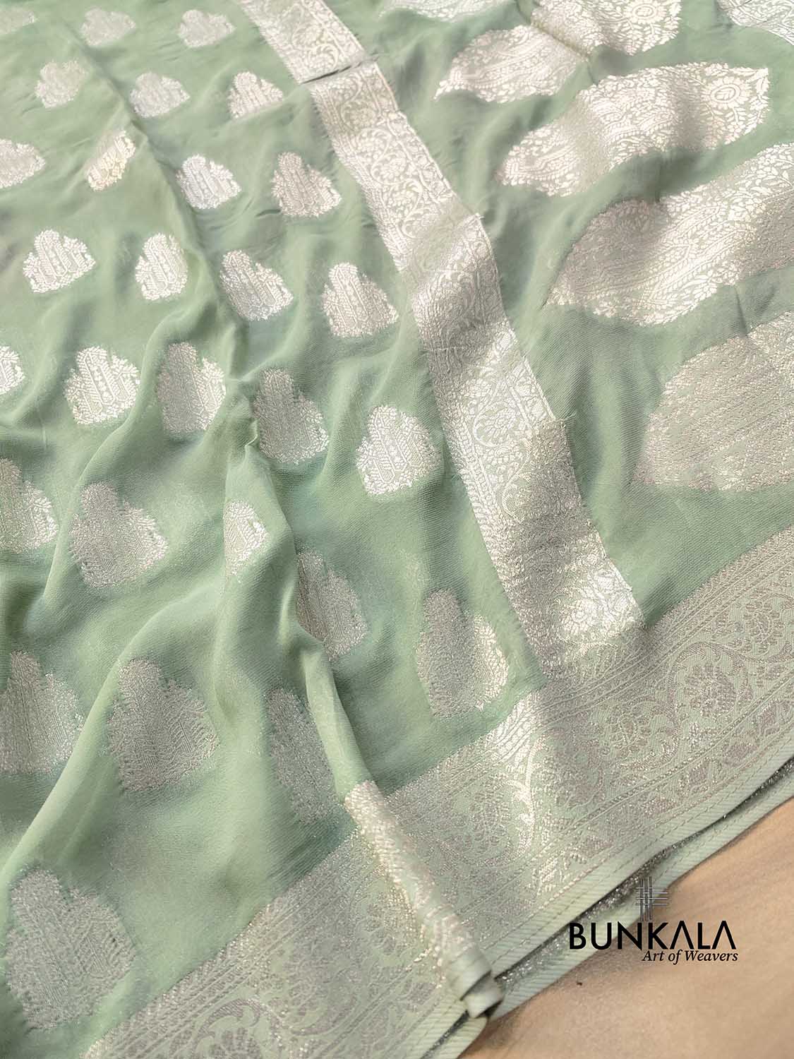 Pastel Green Georgette Silver Zari Weaved Allover Buta Banarasi Saree with Brocade Blouse