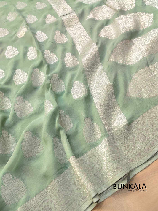 Pastel Green Georgette Silver Zari Weaved Allover Buta Banarasi Saree with Brocade Blouse