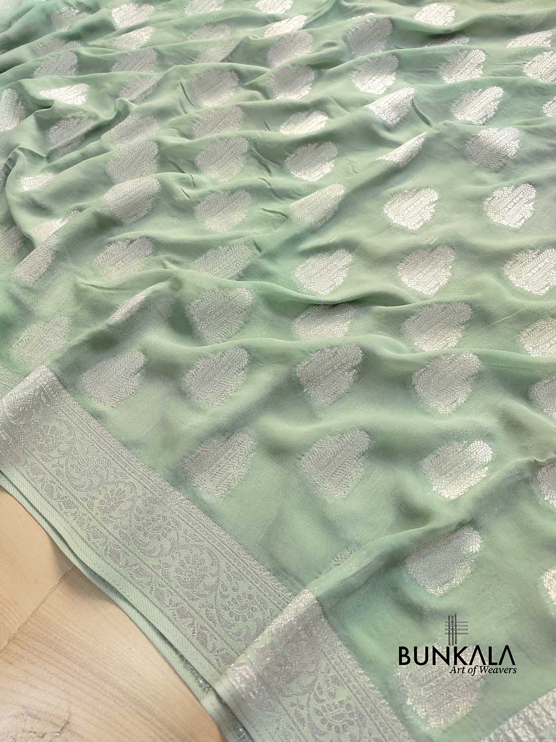 Pastel Green Georgette Silver Zari Weaved Allover Buta Banarasi Saree with Brocade Blouse