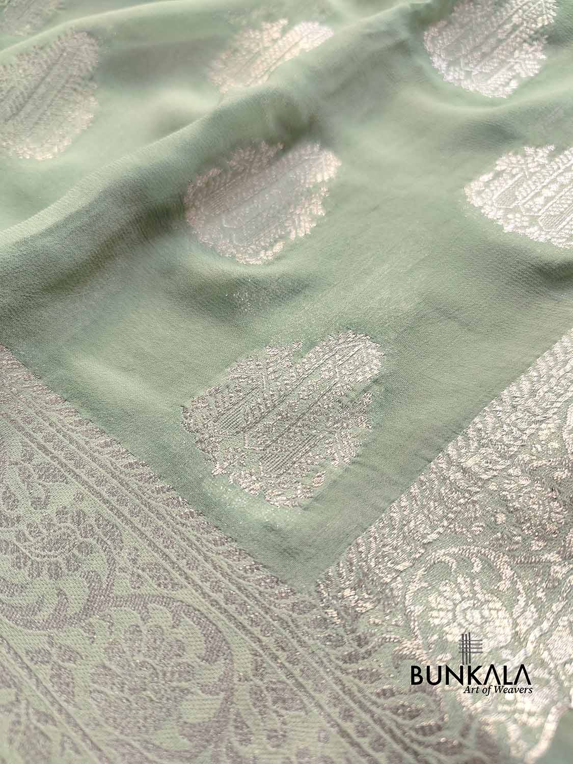 Pastel Green Georgette Silver Zari Weaved Allover Buta Banarasi Saree with Brocade Blouse