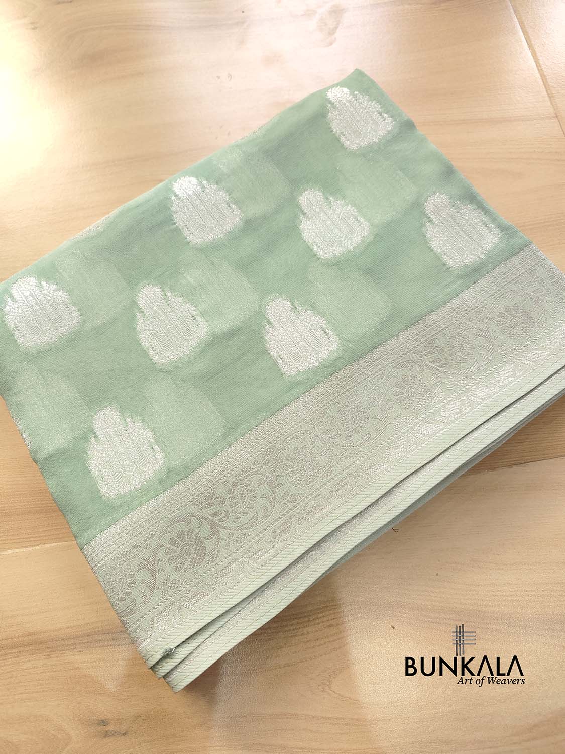Pastel Green Georgette Silver Zari Weaved Allover Buta Banarasi Saree with Brocade Blouse