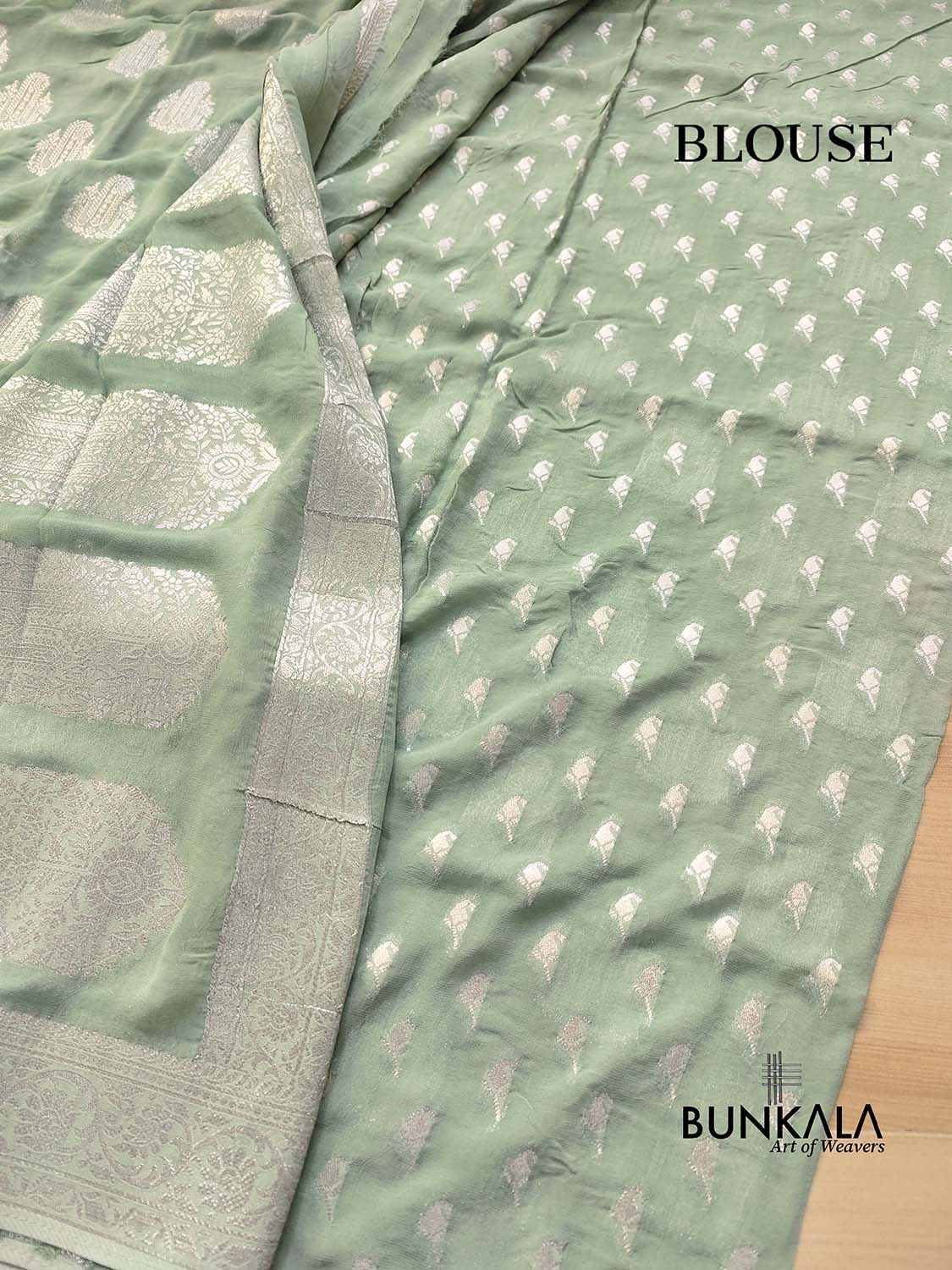 Pastel Green Georgette Silver Zari Weaved Allover Buta Banarasi Saree with Brocade Blouse