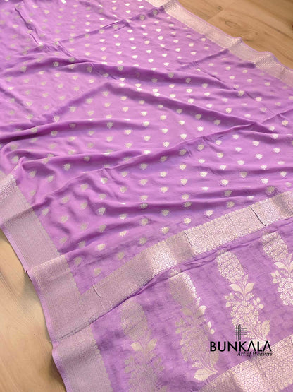 Lavender Georgette Silver Zari Weaved Allover Small Buti Banarasi Saree with Brocade Blouse