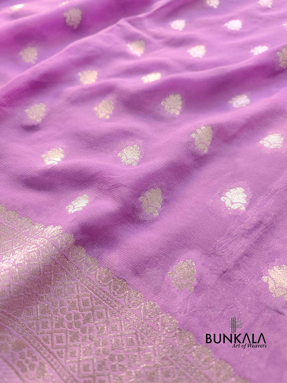 Lavender Georgette Silver Zari Weaved Allover Small Buti Banarasi Saree with Brocade Blouse