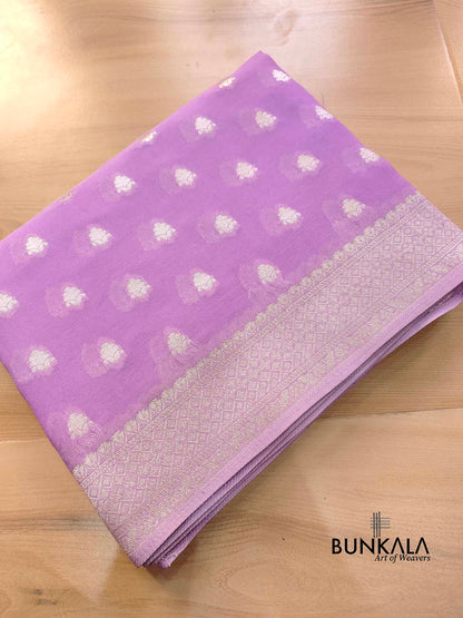 Lavender Georgette Silver Zari Weaved Allover Small Buti Banarasi Saree with Brocade Blouse