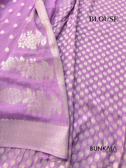 Lavender Georgette Silver Zari Weaved Allover Small Buti Banarasi Saree with Brocade Blouse