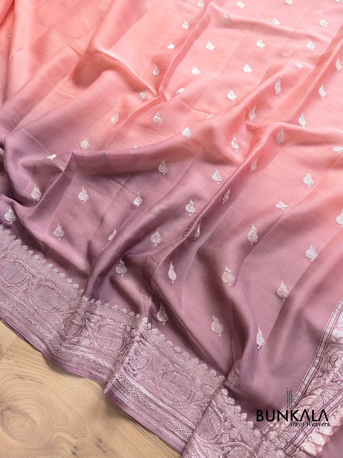 Peach and Onion Pink Shaded Pure Khaddi Chiffon Allover Silver Zari Buti Banarasi Saree