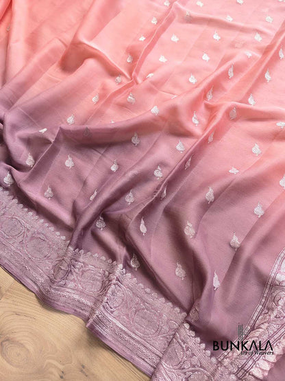 Peach and Onion Pink Shaded Pure Khaddi Chiffon Allover Silver Zari Buti Banarasi Saree