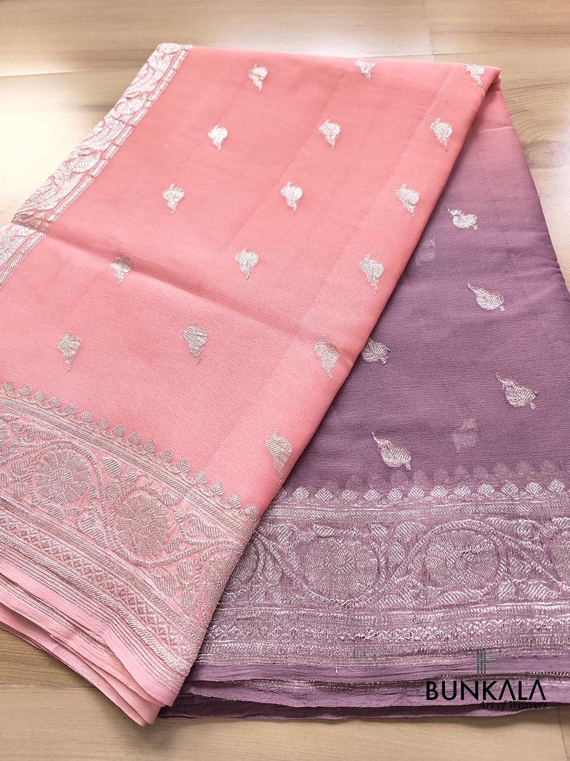 Peach and Onion Pink Shaded Pure Khaddi Chiffon Allover Silver Zari Buti Banarasi Saree