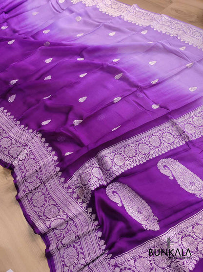 Lavender and Purple Shaded Pure Khaddi Chiffon Allover Silver Zari Buti Banarasi Saree