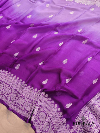 Lavender and Purple Shaded Pure Khaddi Chiffon Allover Silver Zari Buti Banarasi Saree