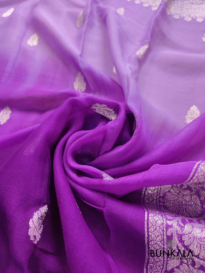 Lavender and Purple Shaded Pure Khaddi Chiffon Allover Silver Zari Buti Banarasi Saree
