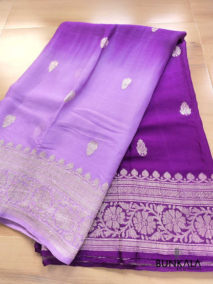 Lavender and Purple Shaded Pure Khaddi Chiffon Allover Silver Zari Buti Banarasi Saree