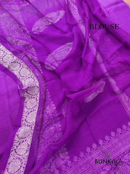 Lavender and Purple Shaded Pure Khaddi Chiffon Allover Silver Zari Buti Banarasi Saree