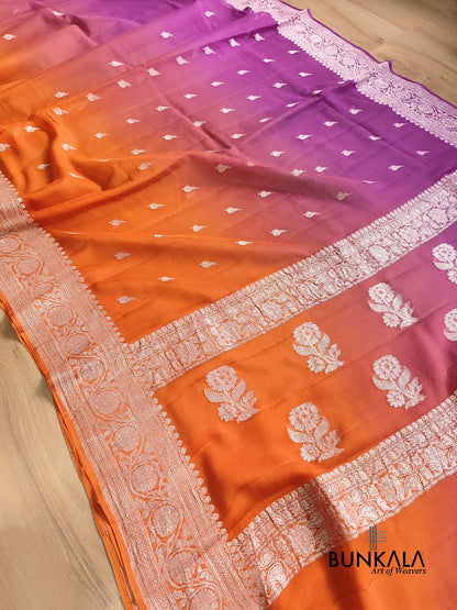 Magenta Pink and Orange Shaded Pure Khaddi Chiffon Allover Silver Zari Buti Banarasi Saree