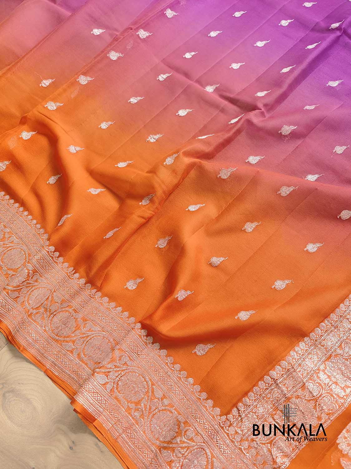 Magenta Pink and Orange Shaded Pure Khaddi Chiffon Allover Silver Zari Buti Banarasi Saree