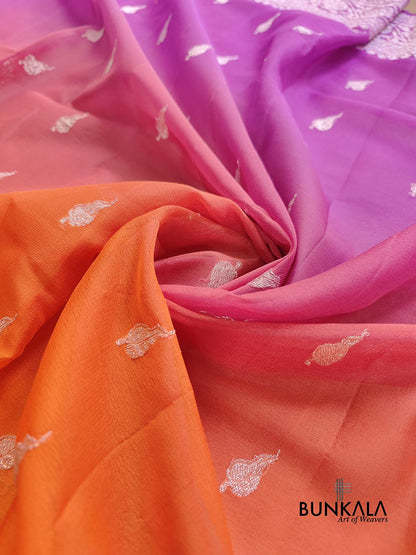 Magenta Pink and Orange Shaded Pure Khaddi Chiffon Allover Silver Zari Buti Banarasi Saree