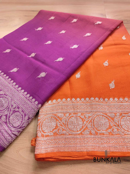 Magenta Pink and Orange Shaded Pure Khaddi Chiffon Allover Silver Zari Buti Banarasi Saree