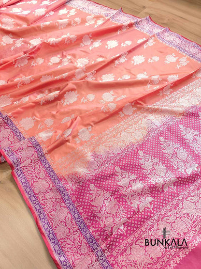 Pink Double Shaded Silver Zari Banarasi Pure Katan Silk Handloom Saree
