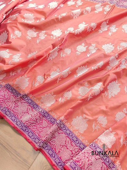 Pink Double Shaded Silver Zari Banarasi Pure Katan Silk Handloom Saree