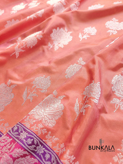 Pink Double Shaded Silver Zari Banarasi Pure Katan Silk Handloom Saree