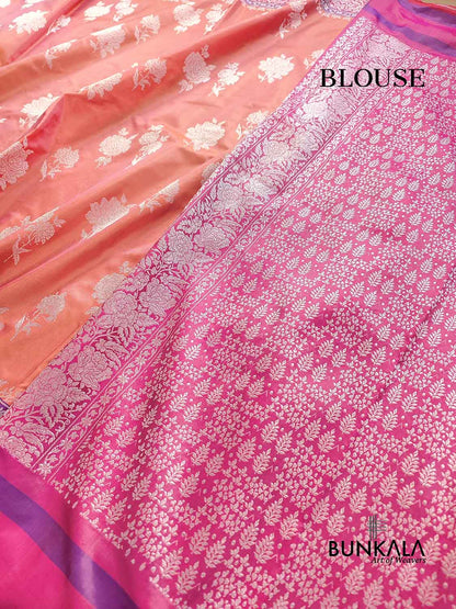 Pink Double Shaded Silver Zari Banarasi Pure Katan Silk Handloom Saree