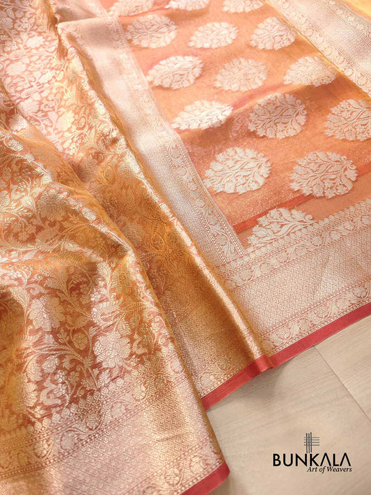 Pink Shot Allover Floral Tanchui Handloom Banarasi Tissue Silk Saree