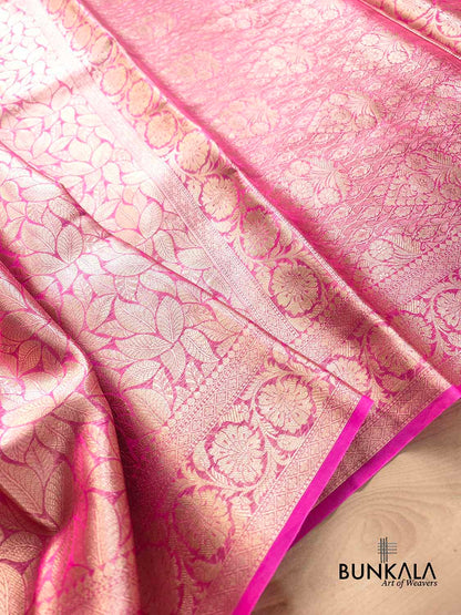 Hot Pink Leaf Pattern Tanchui Handloom Banarasi Tissue Silk Saree